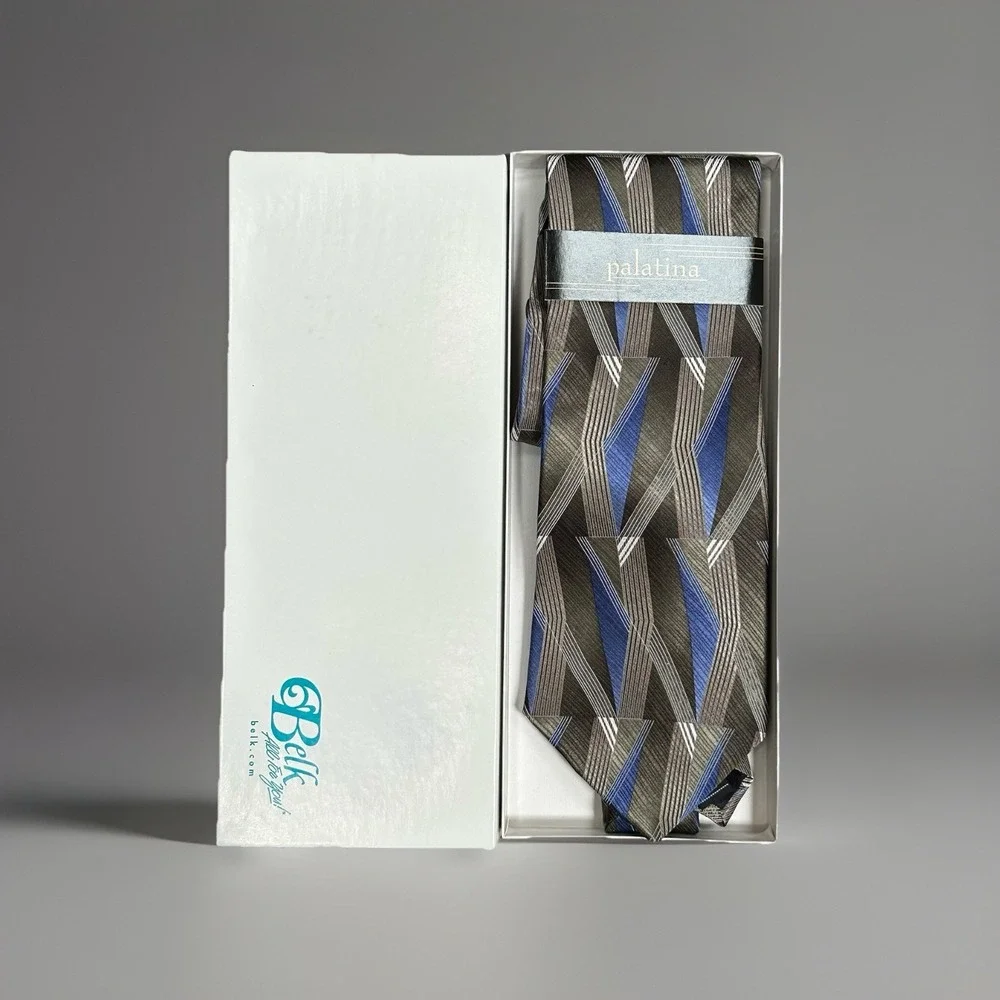 Palatina 100% Silk Tie Retro Geometric Herringbone Brown Blue NWT Belk‎ Box